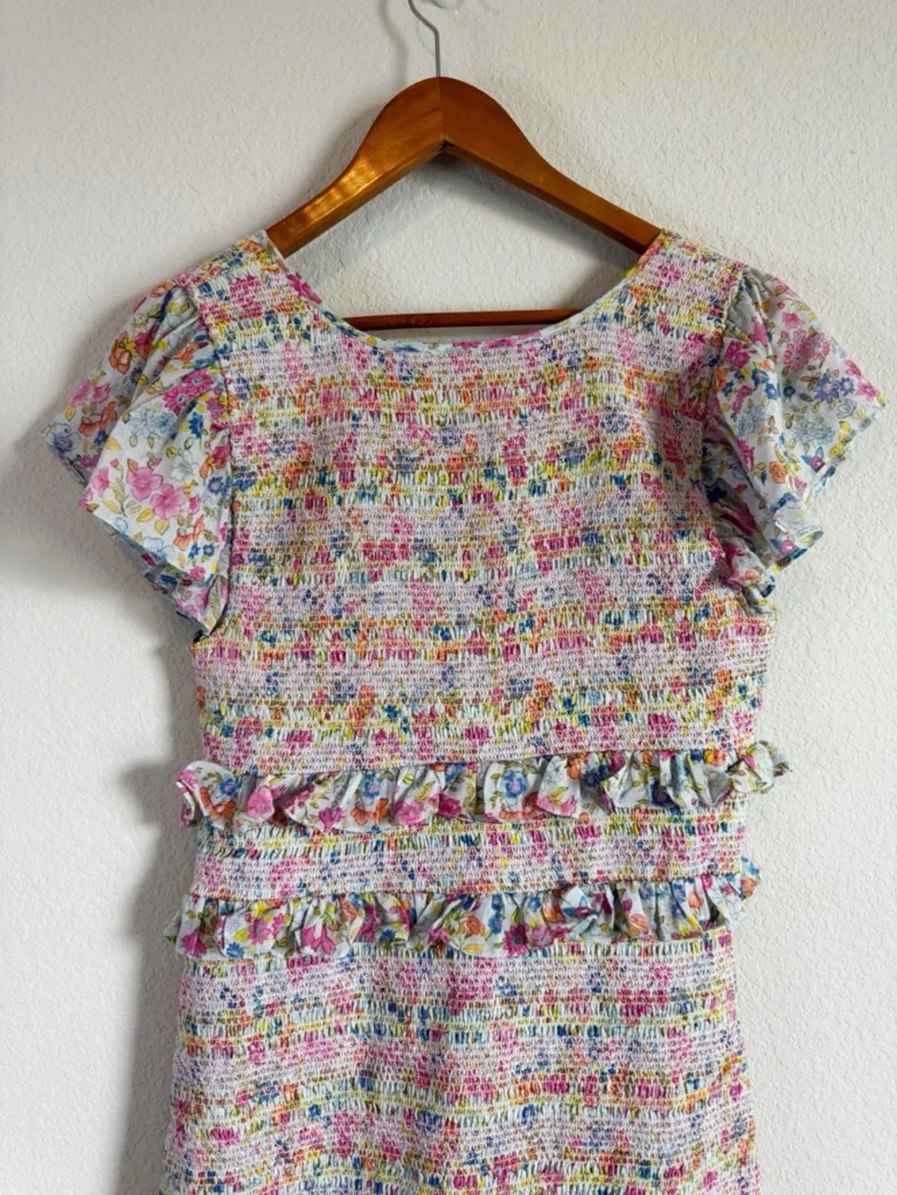 LoveShackFancy Sonora Floral Smocked Ruffle Mini Dress in Coral Reef Waves Sz L - Picture 9 of 11